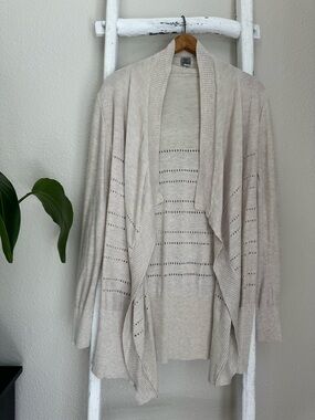 Poof! Beige Open-Front Draped Eyelet Cardigan
